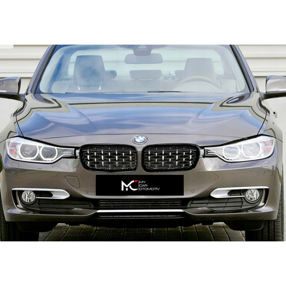 BMW F30 2012+ - Panjur Diamond Stil, Piano Black Çerçeve İç Krom Şerit ABS Set