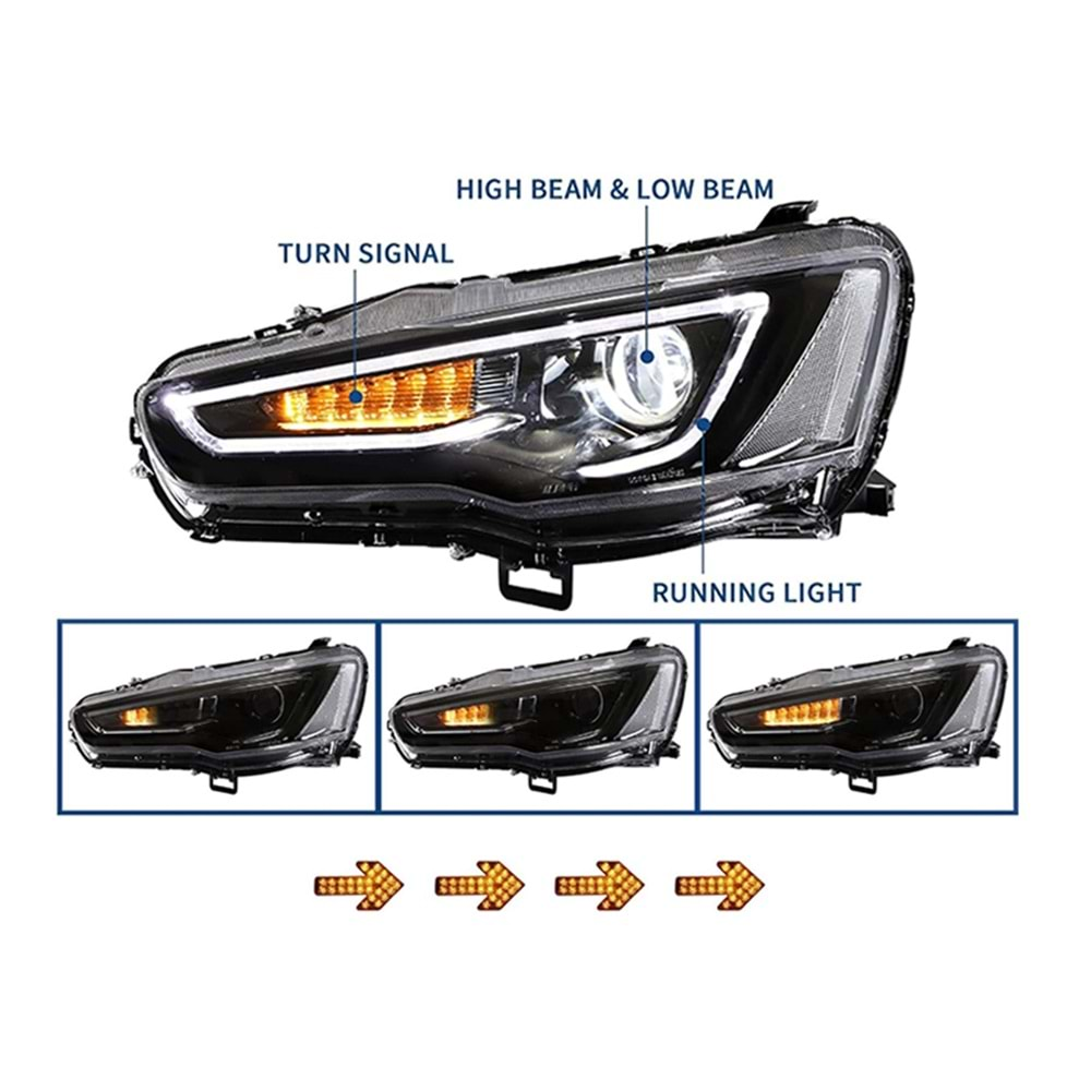 Mitsubishi Lancer 9 2007+ - Far Audi Dizayn, Mercek Çift Aydınlatma, DRL Led Dinamik Kayar Sinyal, Mat Siyah İç Yüzey, PC Set