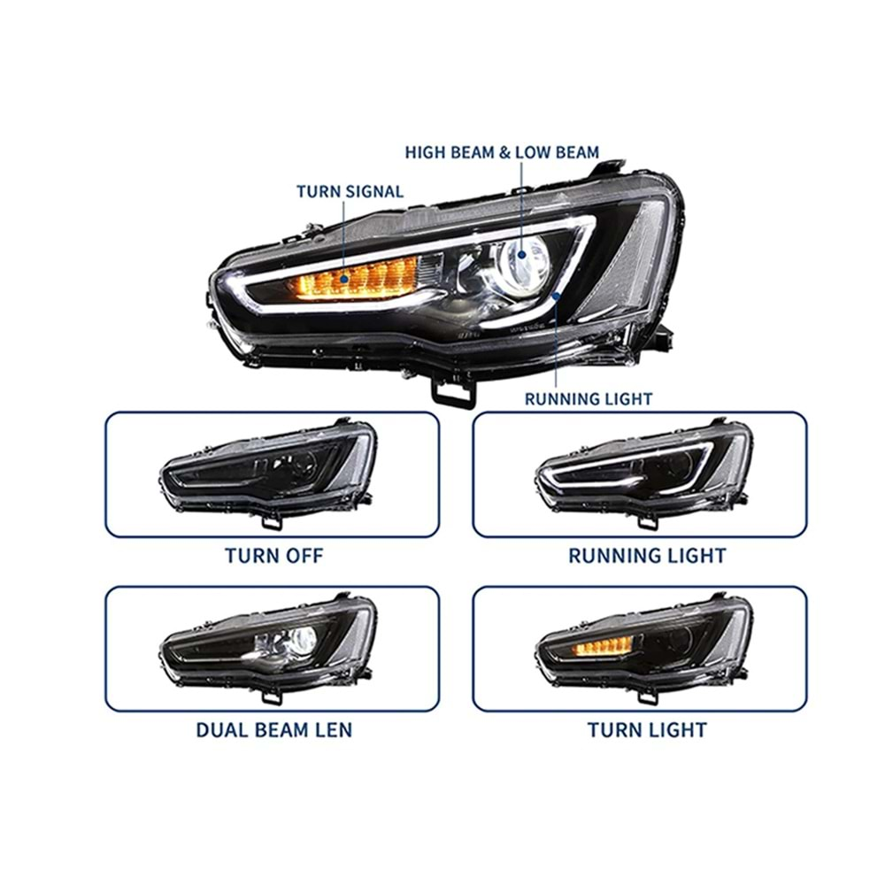 Mitsubishi Lancer 9 2007+ - Far Audi Dizayn, Mercek Çift Aydınlatma, DRL Led Dinamik Kayar Sinyal, Mat Siyah İç Yüzey, PC Set