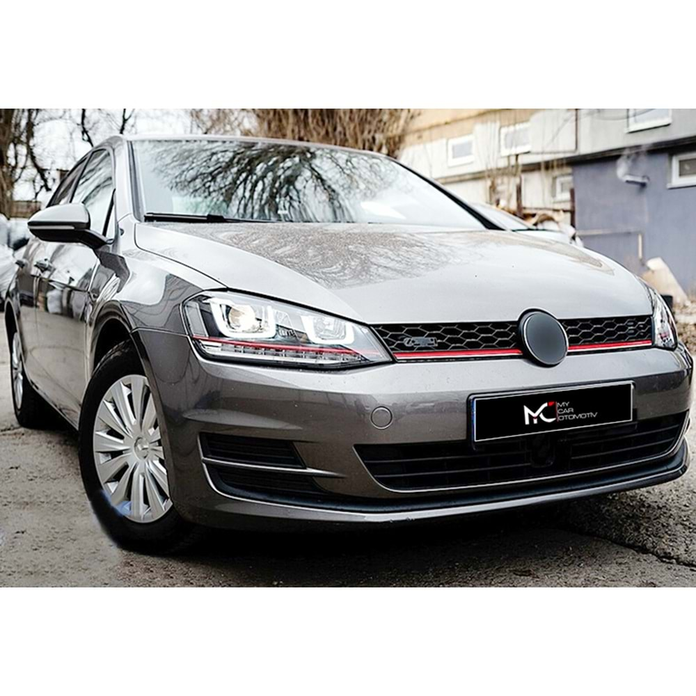 VW Golf Mk7 2012+ - Far GTI 3D Stil Kırmızı Şerit, Mercek, DRL Led Dinamik Kayar Sinyal, Mat Siyah İç Yüzey, PC Set