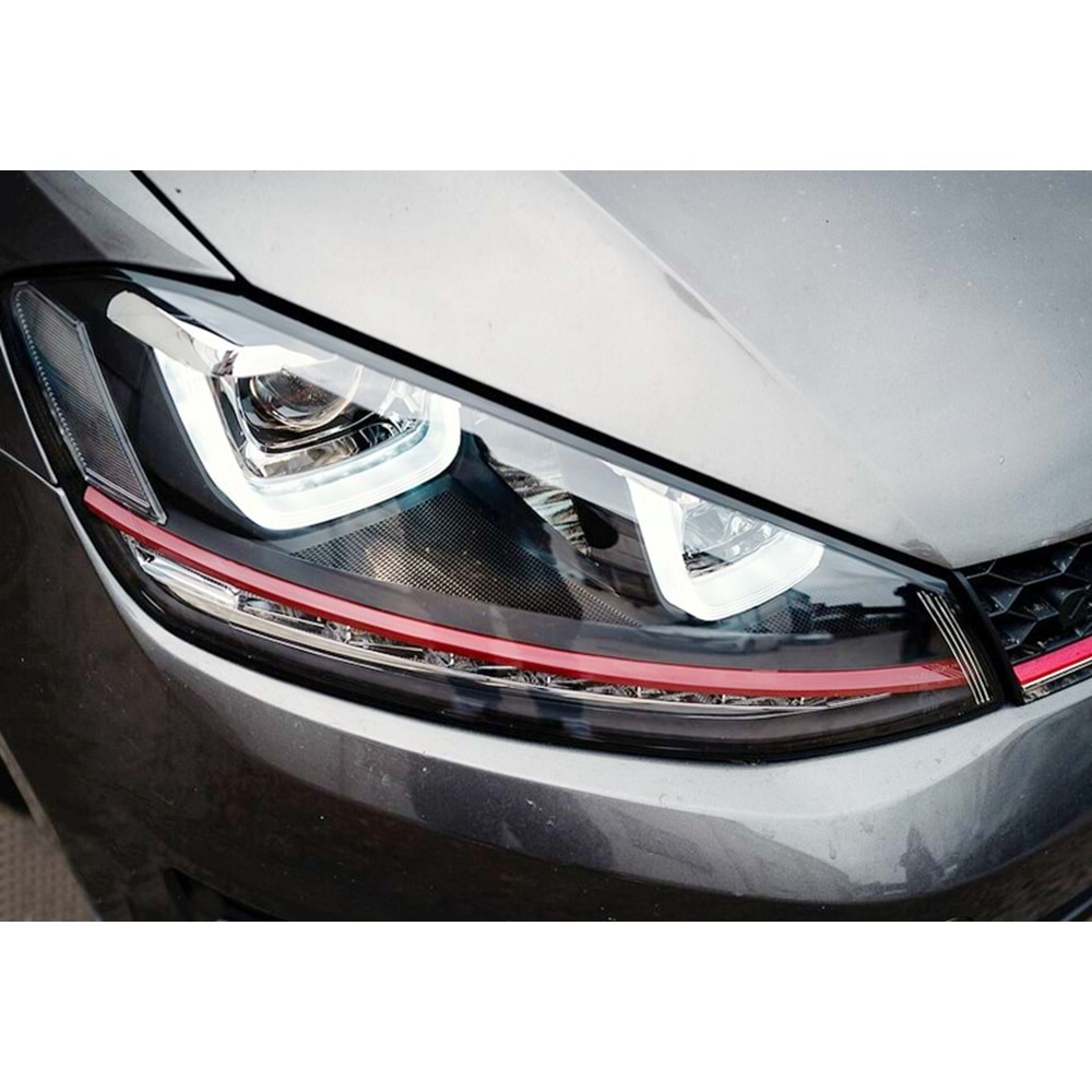 VW Golf Mk7 2012+ - Far GTI 3D Stil Kırmızı Şerit, Mercek, DRL Led Dinamik Kayar Sinyal, Mat Siyah İç Yüzey, PC Set