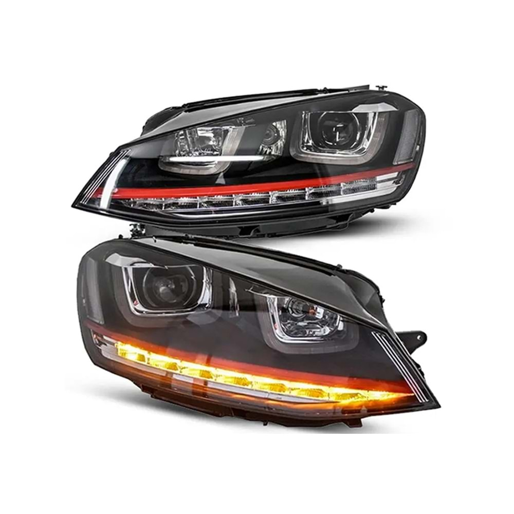 VW Golf Mk7 2012+ - Far GTI 3D Stil Kırmızı Şerit, Mercek, DRL Led Dinamik Kayar Sinyal, Mat Siyah İç Yüzey, PC Set