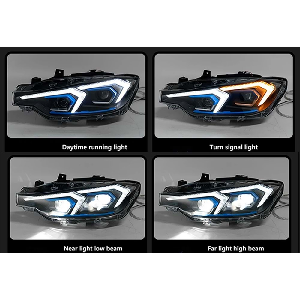 BMW F30 2012+ - Far G20 Oem Stil Halogen, Mercek , DRL, Led Sinyal, Mat Siyah İç Yüzey, PC Set