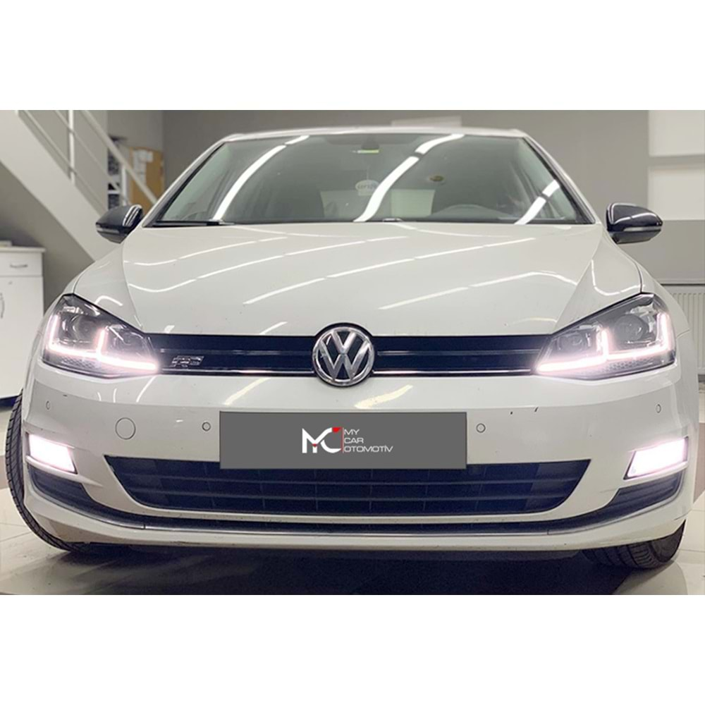 VW Golf Mk7 2012+ - Far J Dizayn R Stil, Mk7 için, Mercek, DRL/Kayar Sinyal, Mat Siyah İç Ürün Yüzeyi, Set