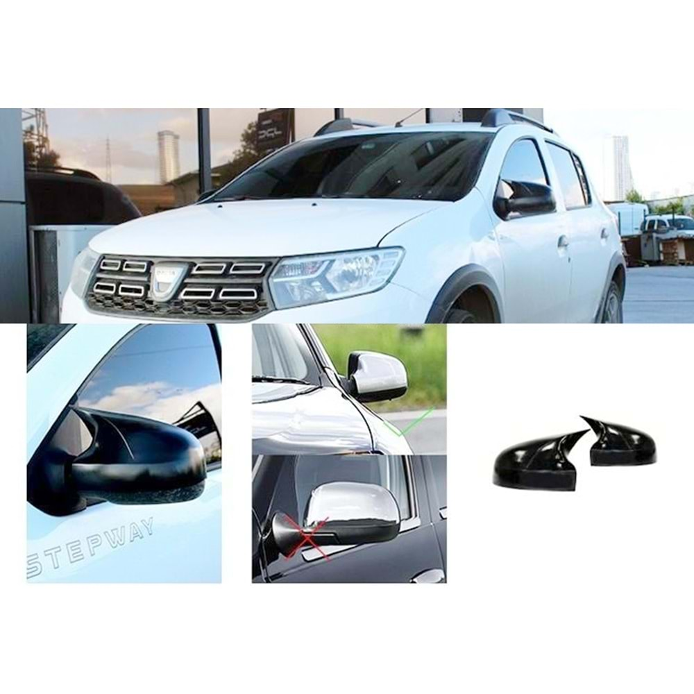 Dacia Sandero 2 2012+ - Ayna Kapağı Batman V1 Stil Yapıştırma, Piano Black Ürün Yüzeyi ABS Set