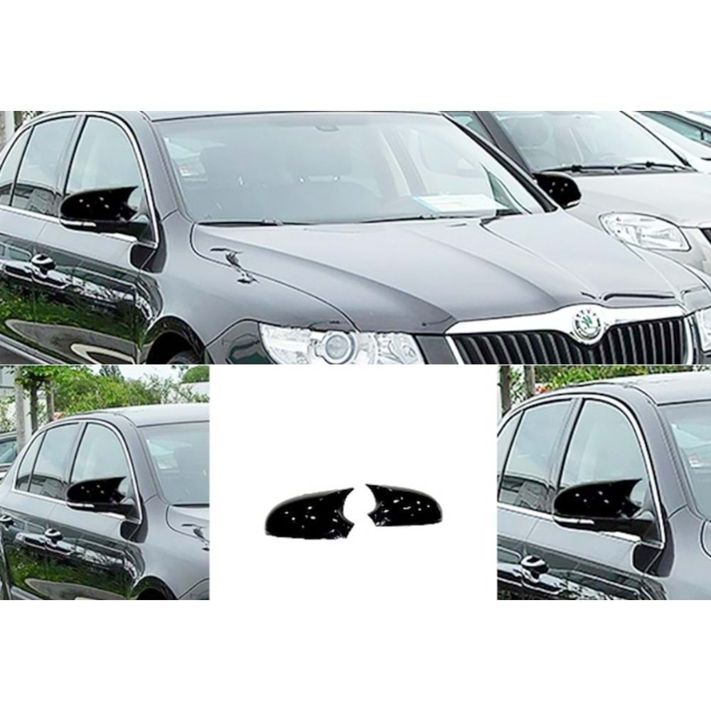 Skoda Superb Mk2 2008+ - Ayna Kapağı Batman V1 Stil Yapıştırma , Piano Black ABS Set