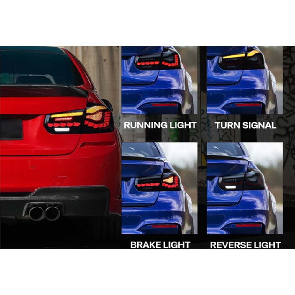 BMW F30 2012+ - Stop GTS Stil, Siyah Renkli Ürün Yüzeyi, Led Kayar Sinyal, PC Set