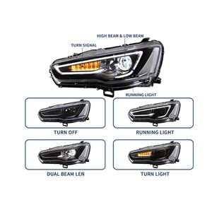 Mitsubishi Lancer 9 2007+ - Far Audi Dizayn, Mercek Çift Aydınlatma, DRL Led Dinamik Kayar Sinyal, Mat Siyah İç Yüzey, PC Set