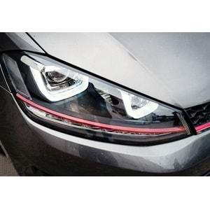 VW Golf Mk7 2012+ - Far GTI 3D Stil Kırmızı Şerit, Mercek, DRL Led Dinamik Kayar Sinyal, Mat Siyah İç Yüzey, PC Set