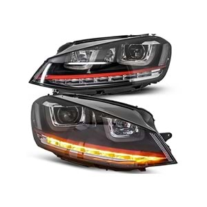 VW Golf Mk7 2012+ - Far GTI 3D Stil Kırmızı Şerit, Mercek, DRL Led Dinamik Kayar Sinyal, Mat Siyah İç Yüzey, PC Set