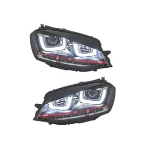 VW Golf Mk7 2012+ - Far GTI 3D Stil Kırmızı Şerit, Mercek, DRL Led Dinamik Kayar Sinyal, Mat Siyah İç Yüzey, PC Set