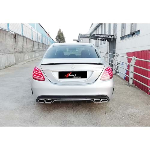 M. Benz W205 2015+ - Difüzör/Arka C63 AMG Stil, Egz. Ucu, Krm. Şerit, Mat Siyah Boyalı Ürün Yüzeyi, ABS, Set