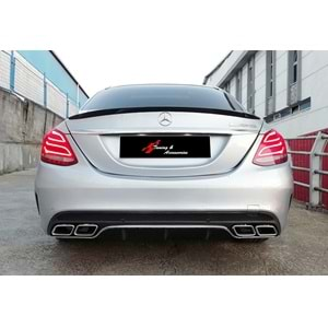 M. Benz W205 2015+ - Difüzör/Arka C63 AMG Stil, Egz. Ucu, Krm. Şerit, Mat Siyah Boyalı Ürün Yüzeyi, ABS, Set