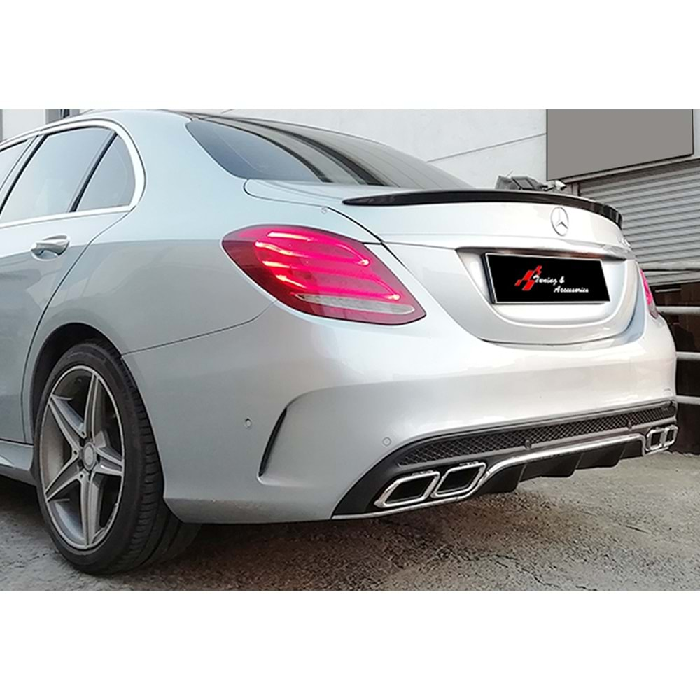 M. Benz W205 2015+ - Difüzör/Arka C63 AMG Stil, Egz. Ucu, Krm. Şerit, Mat Siyah Boyalı Ürün Yüzeyi, ABS, Set